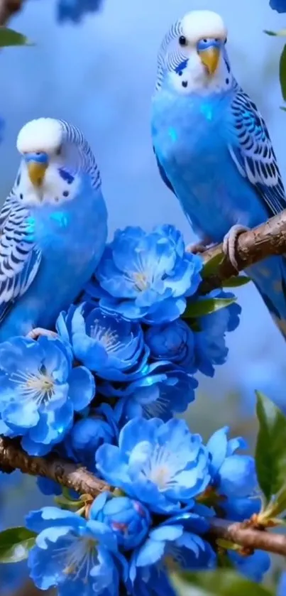 Two blue parrots perched on a branch with vibrant blue flowers.
