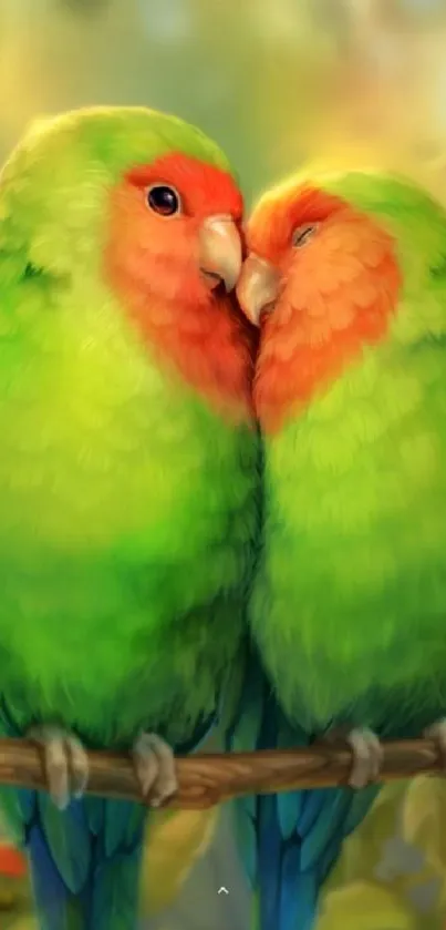 Two vibrant parrots perched on a branch in bright green and orange hues.