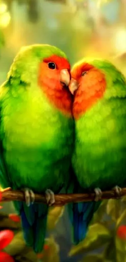 Two vivid green parrots perched on a branch with red flowers.