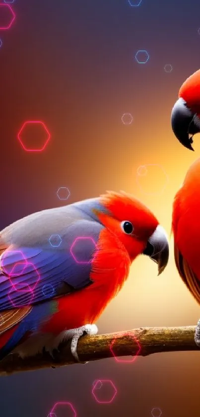 Two vibrant red parrots on a branch with a gradient background.