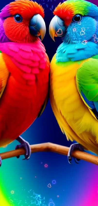 Vivid wallpaper of colorful parrots perched on branch.