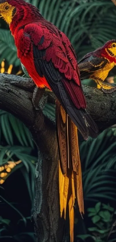 Vibrant red parrots perched on a jungle tree branch with lush foliage.