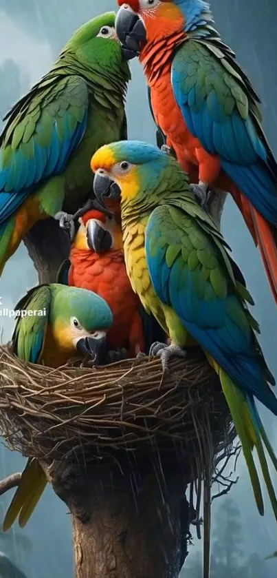 Vibrant parrots perched on a nest in a lush forest.