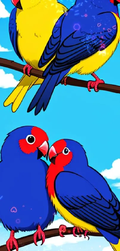 Vibrant parrots perched on branch with blue sky background.