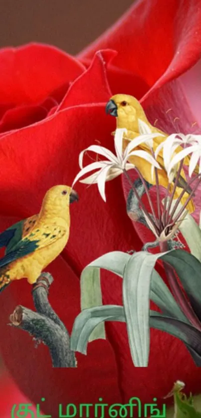 Colorful parrots perched on a vibrant red rose with exotic floral elements.