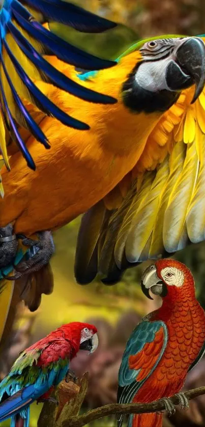 Colorful parrot wallpaper featuring vibrant macaws perched in a tropical setting.