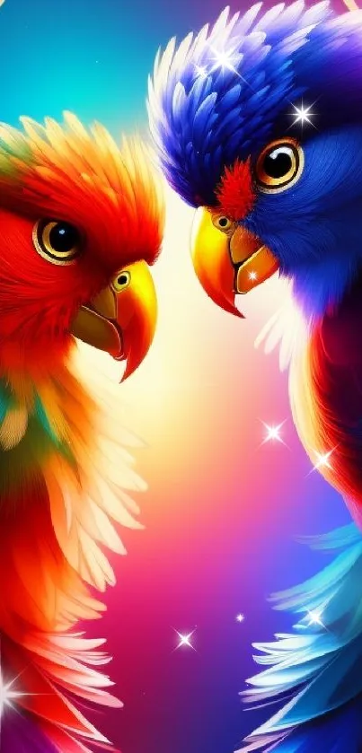 Vibrant wallpaper featuring two colorful parrots with rich red and blue feathers.