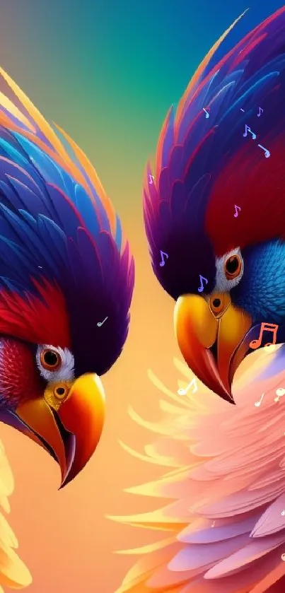 Vibrant wallpaper featuring colorful parrots with intricate feather details.