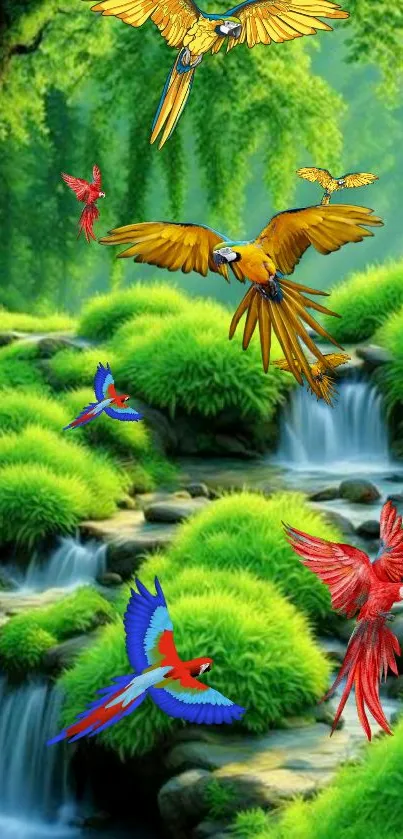 Colorful parrots flying over lush greenery and waterfalls.