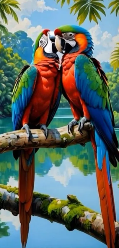 Two vibrant parrots perched in a lush tropical setting.