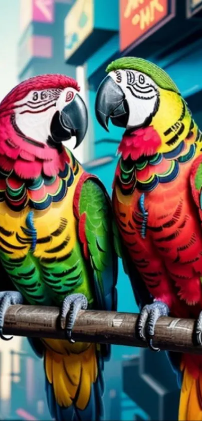 Two vibrant parrots perched with an urban backdrop in vivid colors.