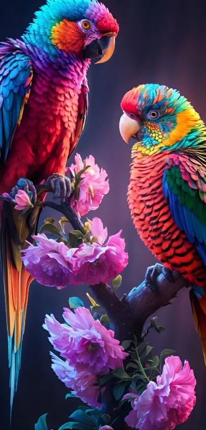 Two colorful parrots perched on a branch with pink flowers.