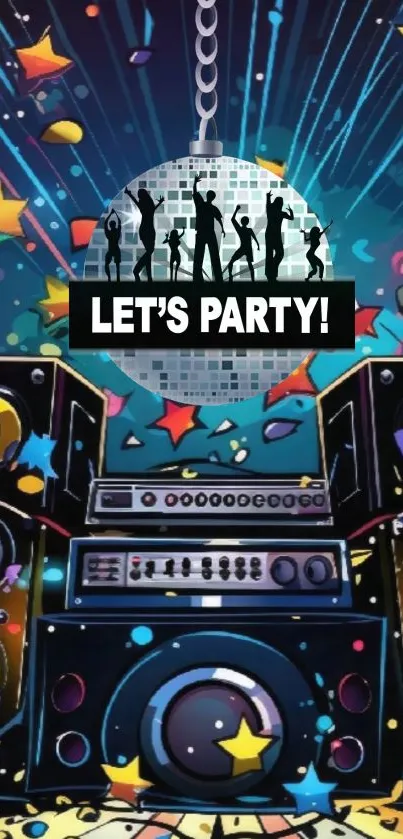 Party-themed wallpaper with disco ball, speakers, and confetti.
