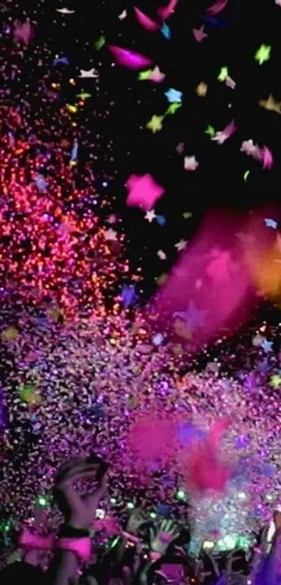 Vibrant party scene with colorful confetti in motion.