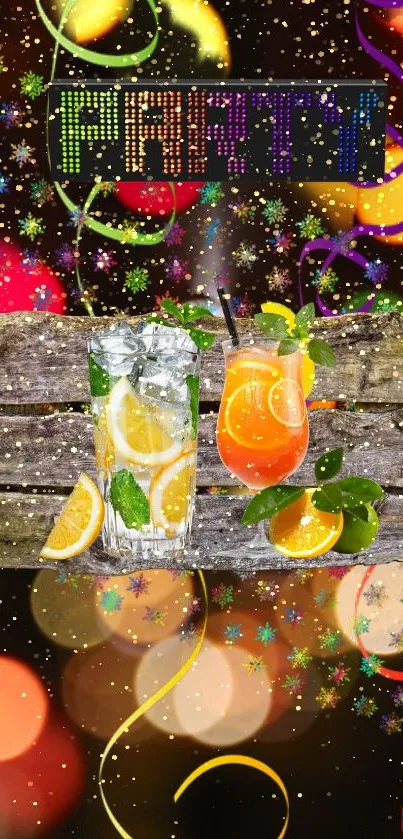 Vibrant party wallpaper with colorful drinks and festive lights.