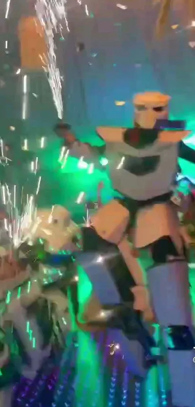 Energetic party scene with robot performers and vibrant lights.