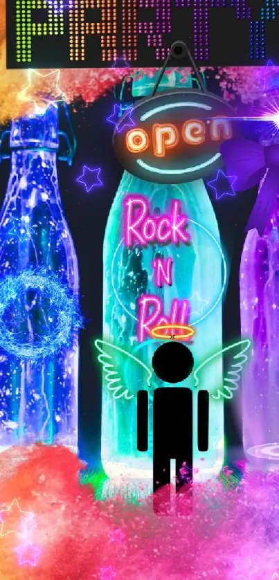 Vibrant rock and roll themed party wallpaper with neon colors.