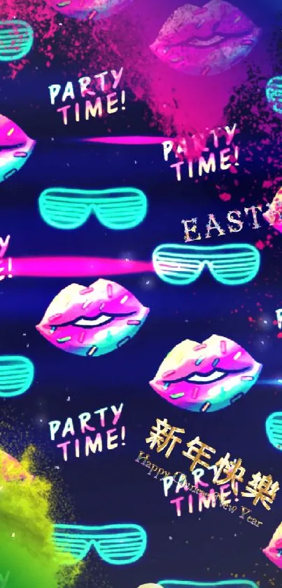 Vibrant party-themed mobile wallpaper with neon colors and designs.