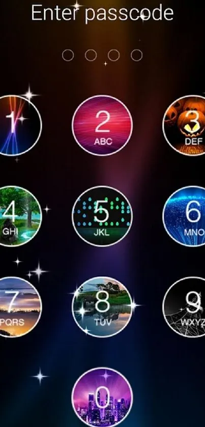 Vibrant futuristic passcode wallpaper with glowing numbers.