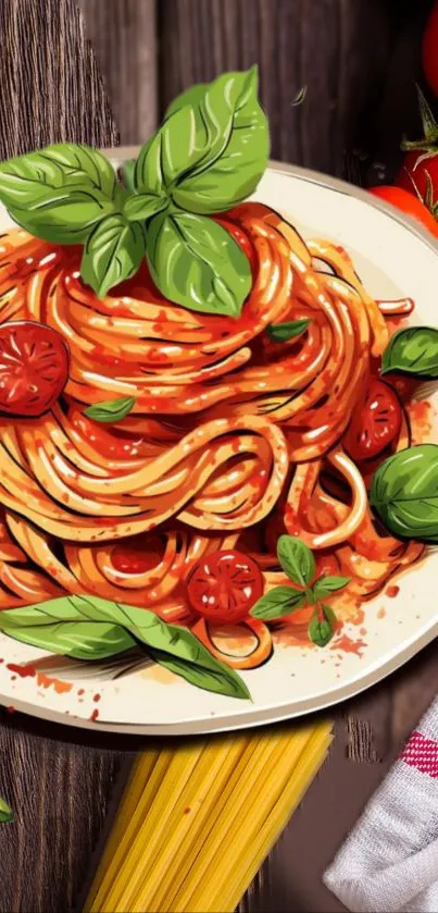 Artistic spaghetti with basil and tomatoes; vibrant and colorful food design.