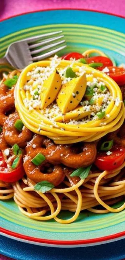 Colorful pasta dish with vibrant ingredients on a plate.