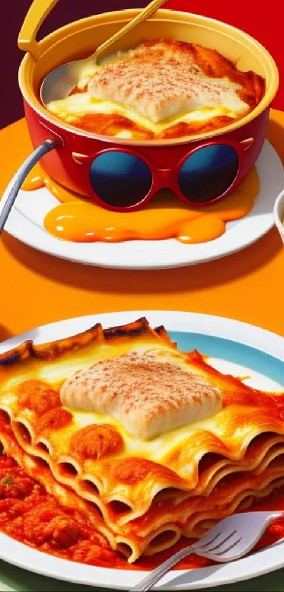 Colorful wallpaper featuring cheesy lasagna on vibrant plates.