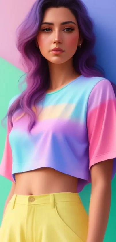 Pastel aesthetic art wallpaper featuring a stylish woman on a vibrant gradient background.