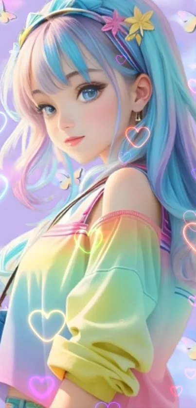 Anime girl with rainbow hair and pastel butterflies for wallpaper.