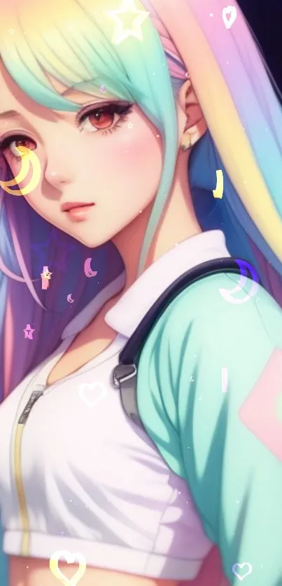 Anime character with pastel rainbow hair and vibrant symbols.