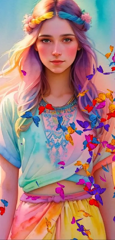 Colorful portrait of a serene girl with pastel rainbow hues in a whimsical style.