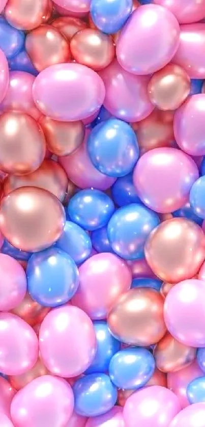 Vibrant pastel balloons in pink, blue, and gold hues.