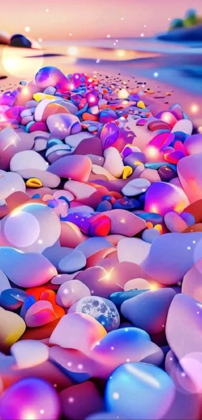 Vibrant pastel stones on a beach at sunset.