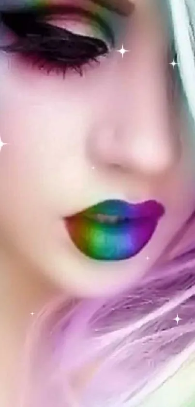 Vibrant pastel makeup with rainbow lips on a phone wallpaper.