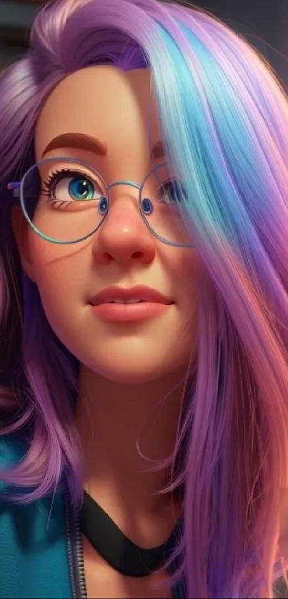 A colorful, pastel portrait of a character with vibrant hair and glasses.