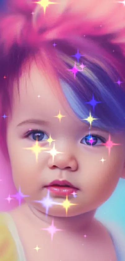 Vibrant pastel portrait of a child with colorful hair.