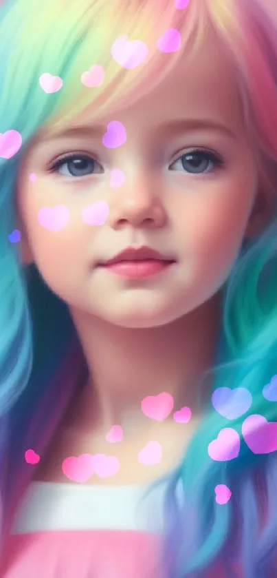 Pastel portrait of a young girl with rainbow hair.