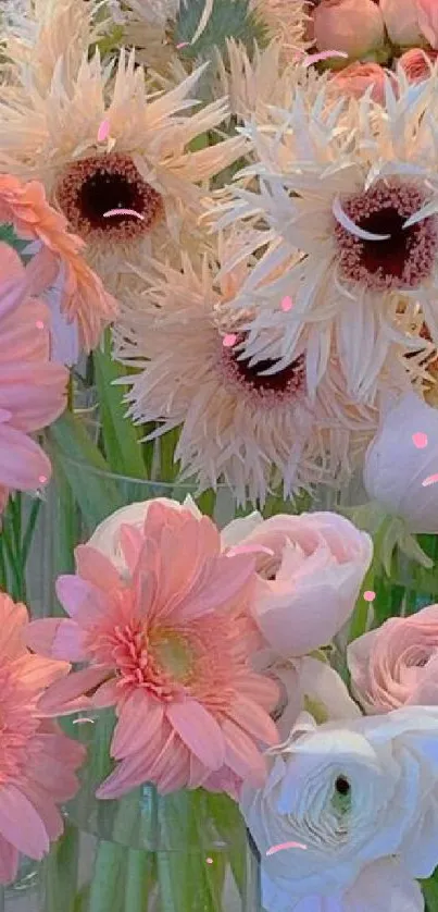 Soft pink and white flowers in full bloom creating a pastel floral wallpaper.