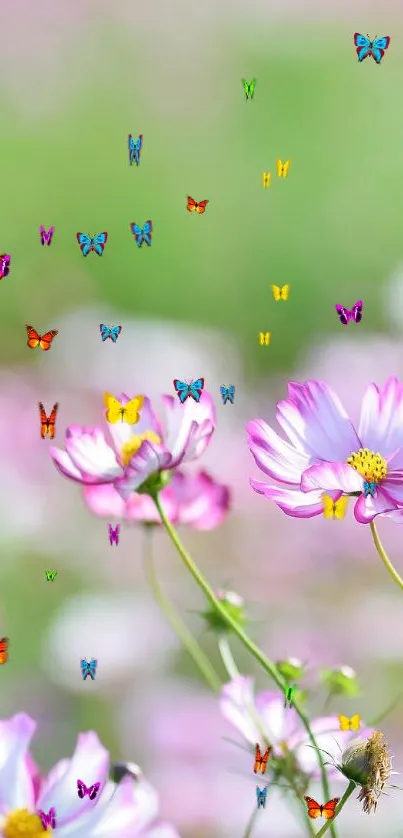 Pastel flowers in pink and purple against a blurred green background.