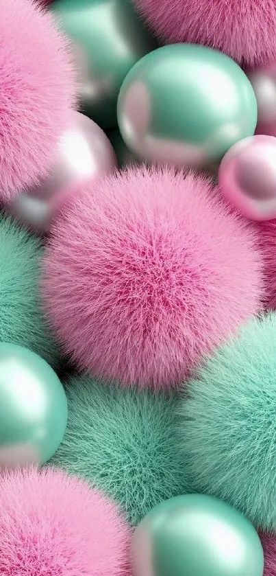 Pink and green fluffy orbs wallpaper with pastel colors.