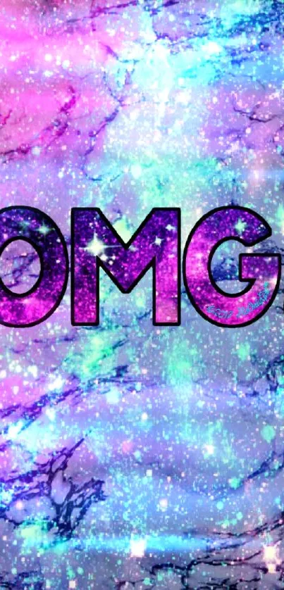 Colorful galaxy wallpaper with OMG text overlay.