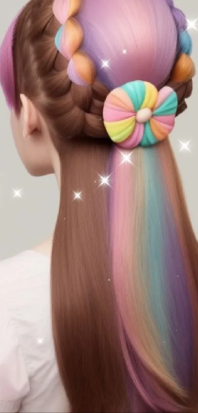 Vibrant pastel braided hair with colorful bow.