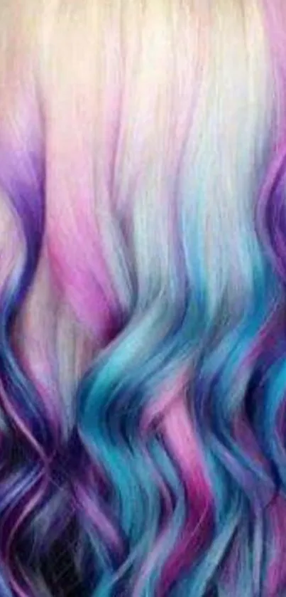 Vibrant mobile wallpaper with pastel blue, pink, and purple hair gradient.