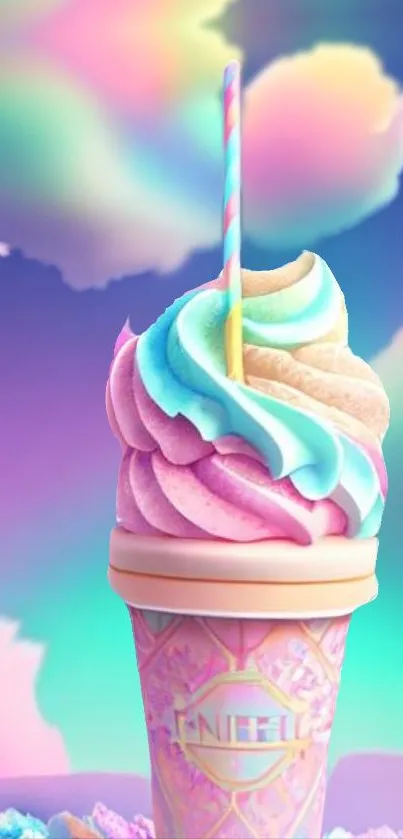 Pastel ice cream cone with vibrant clouds, perfect for mobile wallpaper.
