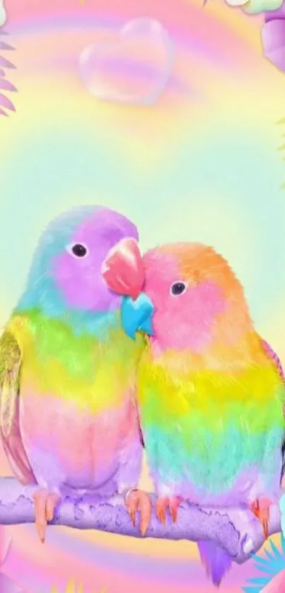 Vibrant pastel lovebirds with floral background.