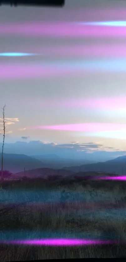 Vibrant pastel mountain view with light streaks.