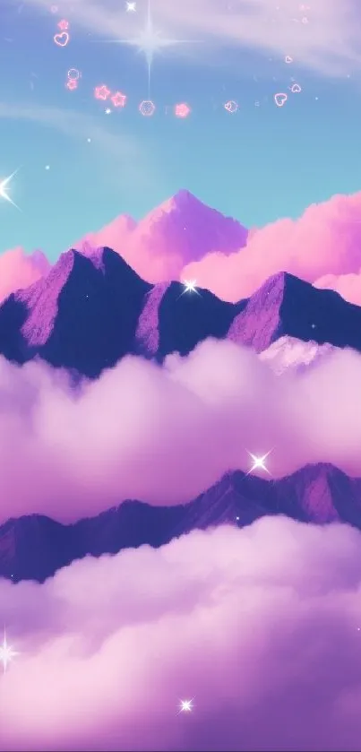 Pastel mountains with pink clouds and blue sky for mobile wallpaper.