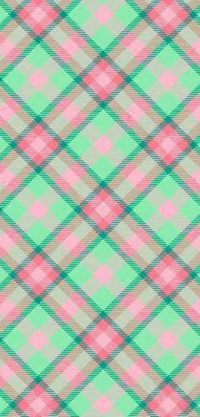 Vibrant pastel plaid wallpaper with pink and green geometric pattern.
