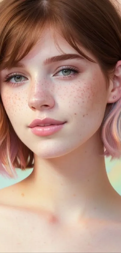 Vibrant pastel portrait of a young woman with soft rainbow hues.