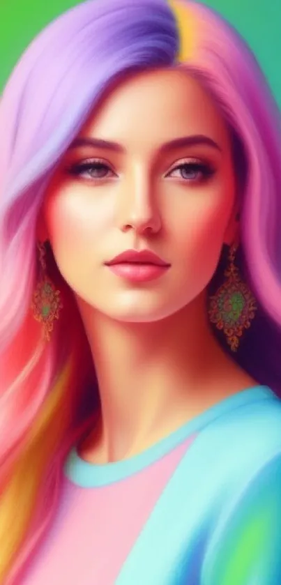 Colorful pastel portrait of a woman with vibrant hair hues.