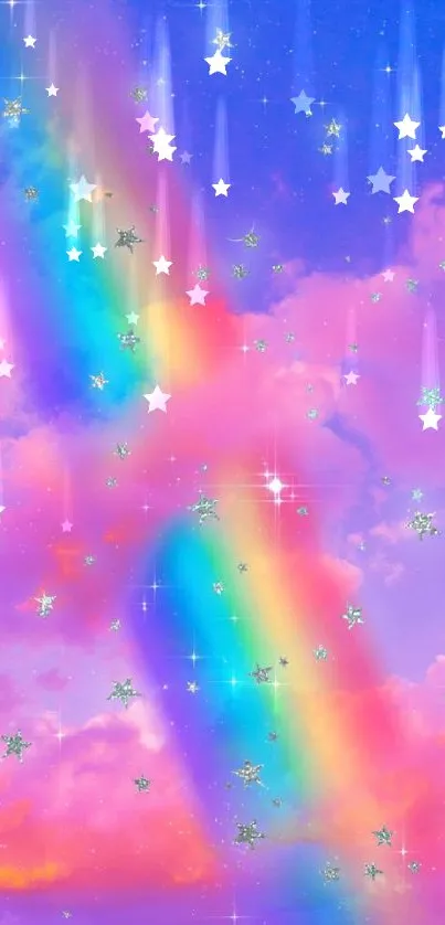 Vibrant rainbow with pastel clouds and stars.